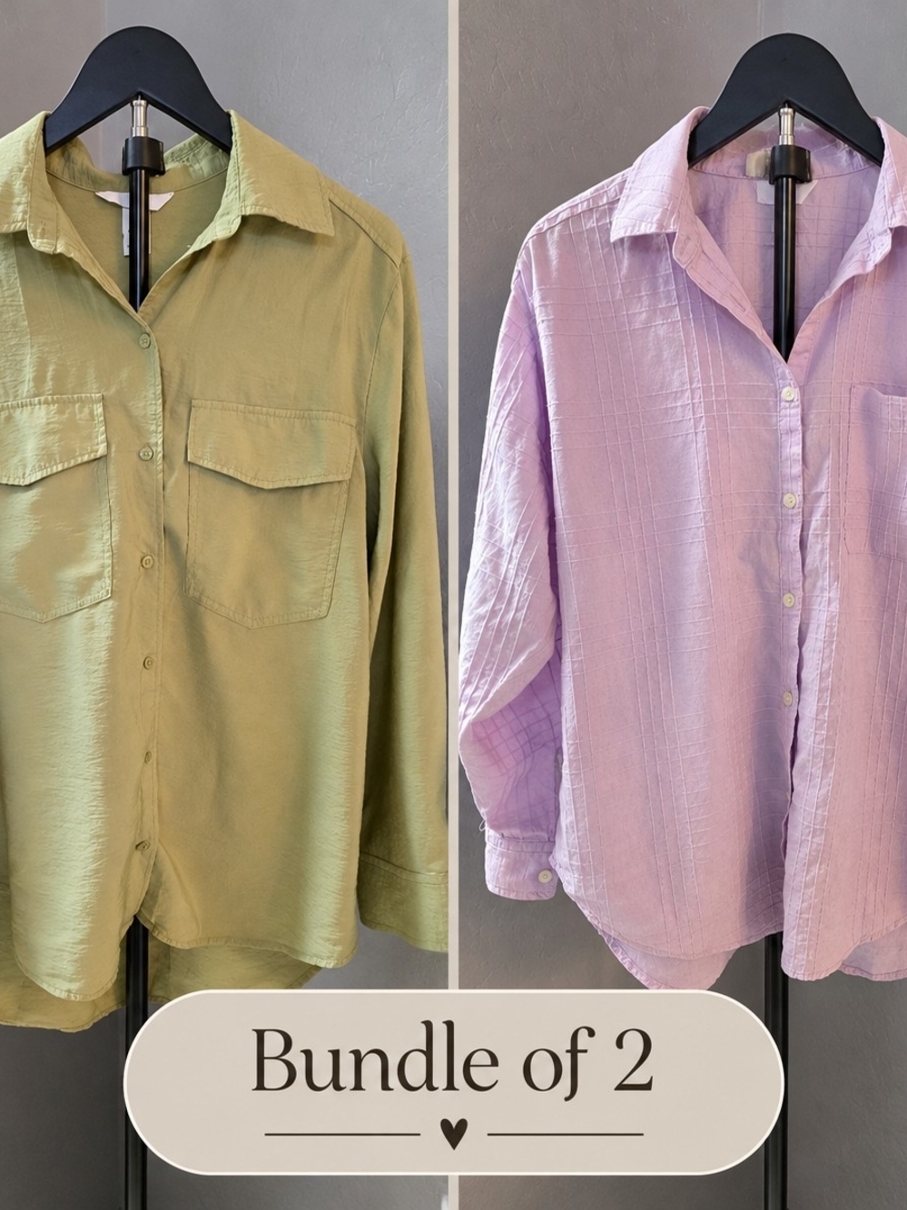 LOFT + H&M Bundle of 2 Button-Up Shirts – Olive Green & Light Lavender